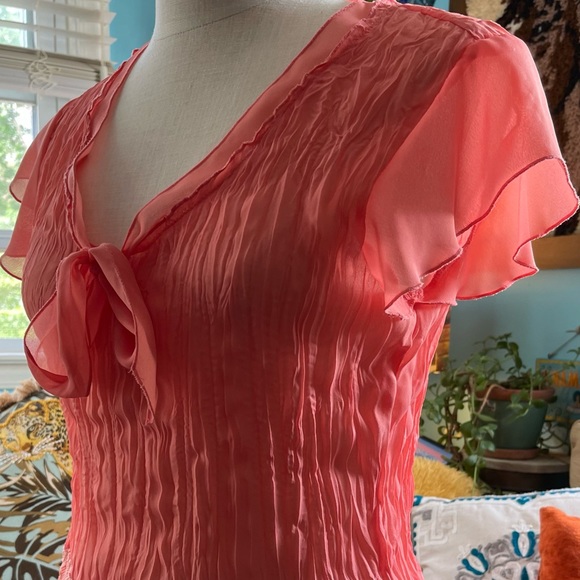 y2k Top Crinkle Chiffon Wrinkle Blouse Flutter Cap Sleeve Ruffles Lace - Picture 5 of 16